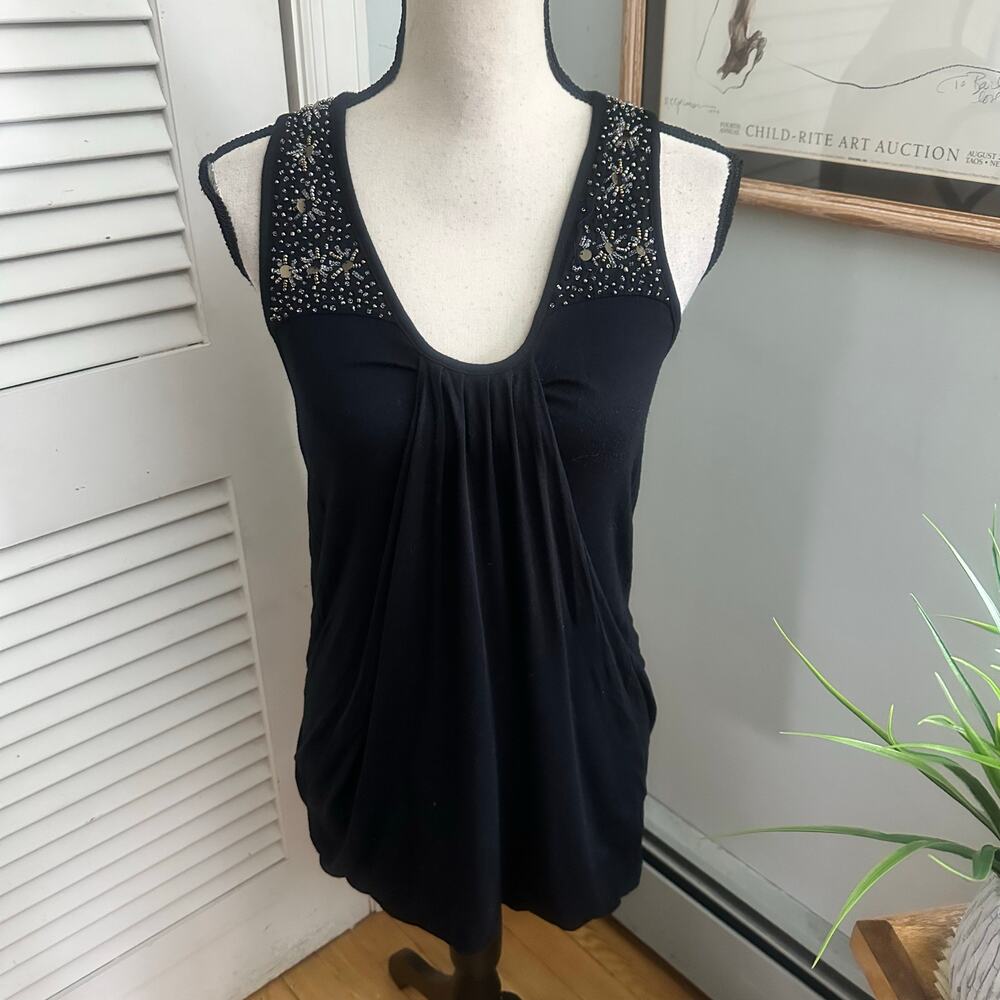 Vintage Design History Top Womens Large Black Beaded Tunic Retro Y2K Vampy Goth